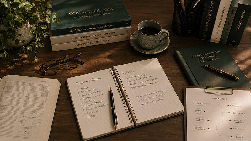 Mesa de trabalho com materiais de estudo